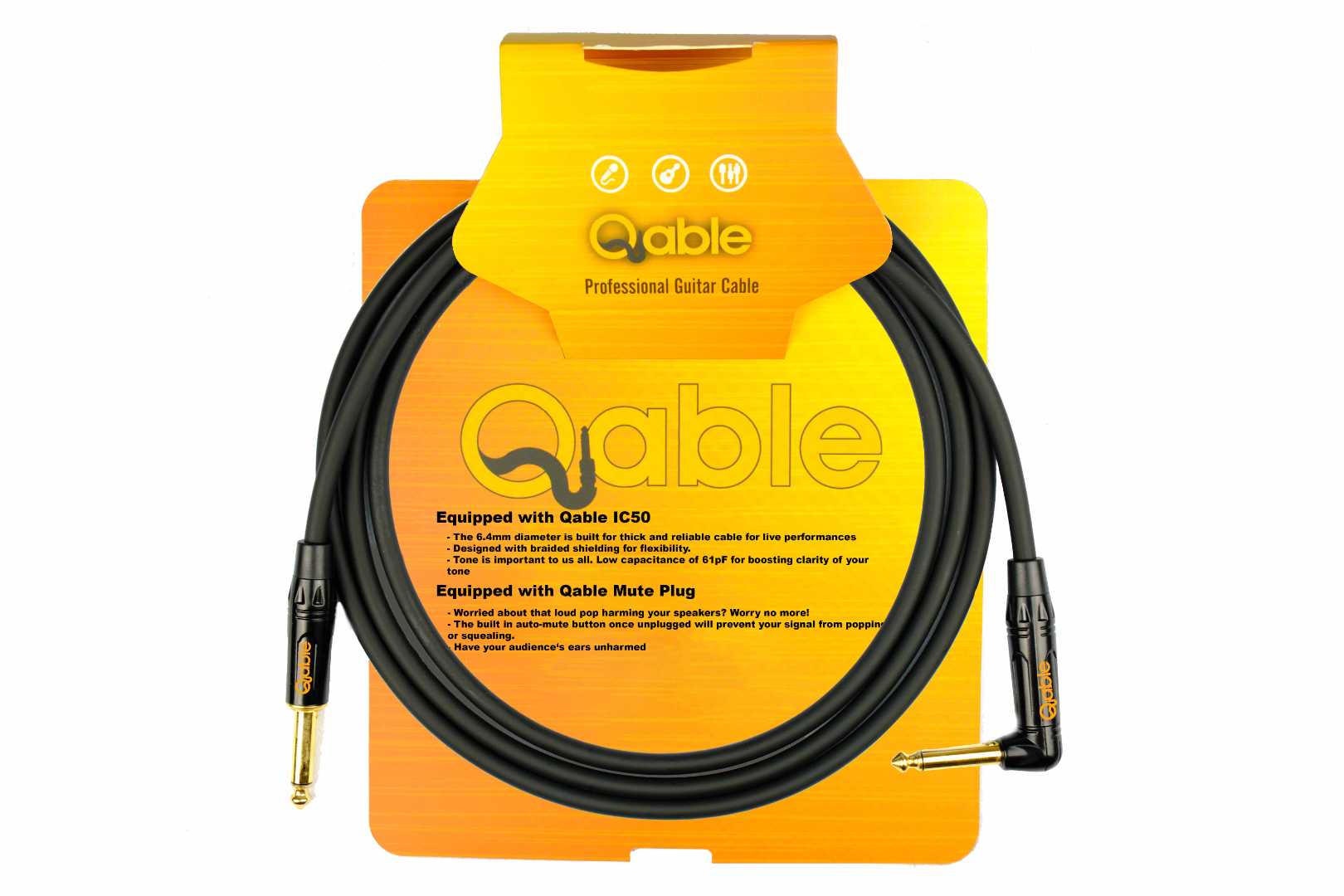Qable TS50 Mono Silent / Mute Straight to Angled Plug Cable for Instruments